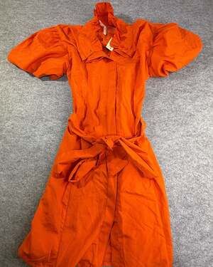 True Destiny Orange Ruffle Collar Puff Sleeve Tie Waist Dress